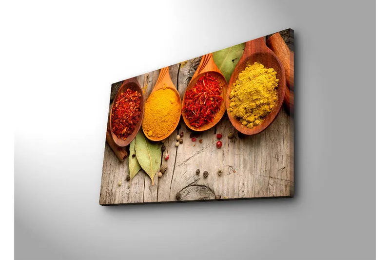 Canvastavla 70x45 cm - Färgglada kryddor i träskedar - Röd / Gul / Orange - Inredning - Tavlor & posters - Canvastavla