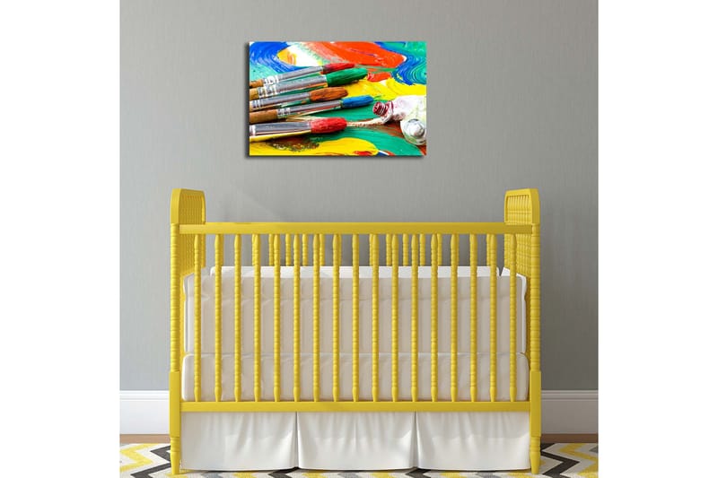 Canvastavla 70x45 cm - Färgglada penslar och färgpalett i livfulla nyanser - Röd / Grön / Gul - Inredning - Tavlor & posters - Canvastavla