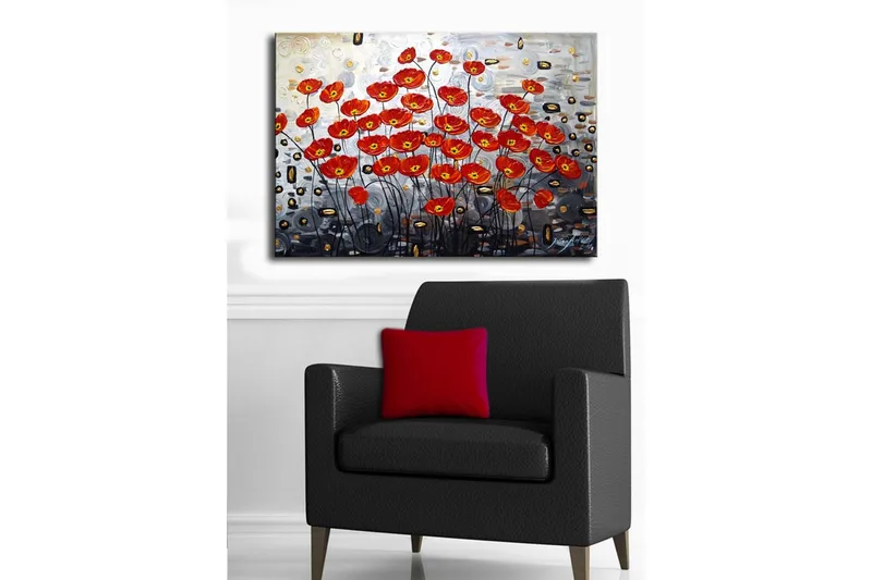 Canvastavla 70x45 cm - Färgrik bukett av vallmo i röd nyans - Röd / Svart / Grå - Inredning - Tavlor & posters - Canvastavla