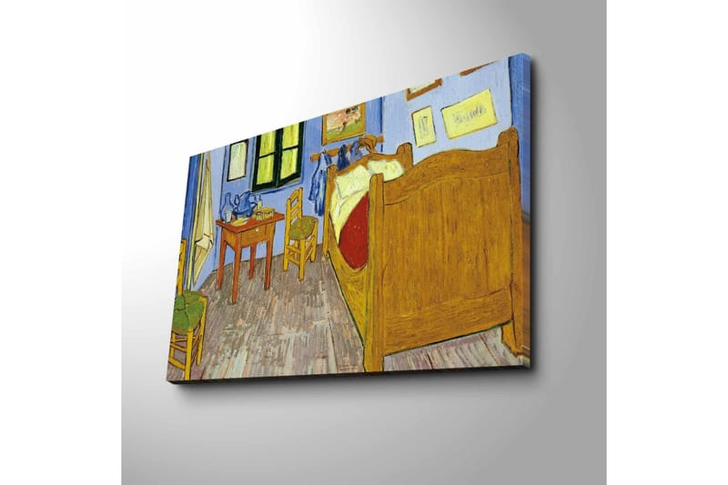 Canvastavla 70x45 cm - Inbjudande sovrum med en säng och möbler i trä - Blå / Gul / Brun - Inredning - Tavlor & posters - Canvastavla