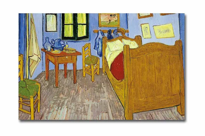 Canvastavla 70x45 cm - Inbjudande sovrum med en säng och möbler i trä - Blå / Gul / Brun - Inredning - Tavlor & posters - Canvastavla