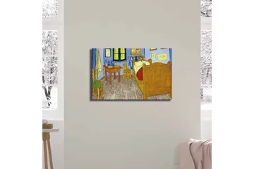 Canvastavla 70x45 cm - Inbjudande sovrum med en säng och möbler i trä - Blå / Gul / Brun - Inredning - Tavlor & posters - Canvastavla