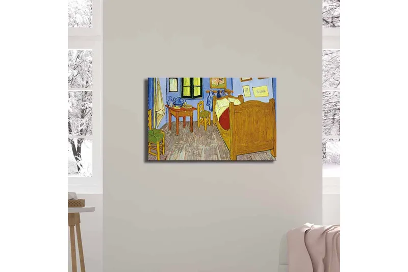 Canvastavla 70x45 cm - Inbjudande sovrum med en säng och möbler i trä - Blå / Gul / Brun - Inredning - Tavlor & posters - Canvastavla