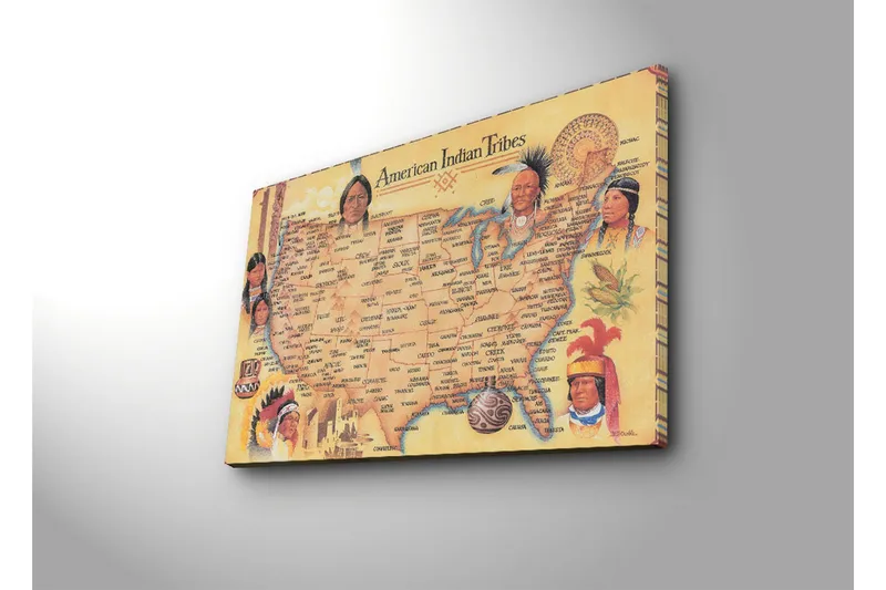 Canvastavla 70x45 cm - Karta över amerikanska indianstammar med porträtt av olika stammar - Gul / Brun / Röd - Inredning - Tavlor & posters - Canvastavla