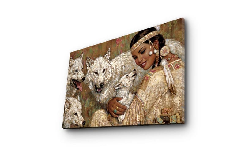 Canvastavla 70x45 cm - Kvinna i traditionell klädsel omgiven av vargar - Vit / Beige / Grön - Inredning - Tavlor & posters - Canvastavla