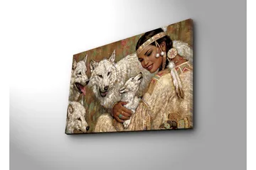 Canvastavla 70x45 cm - Kvinna i traditionell klädsel omgiven av vargar - Vit / Beige / Grön - Inredning - Tavlor & posters - Canvastavla