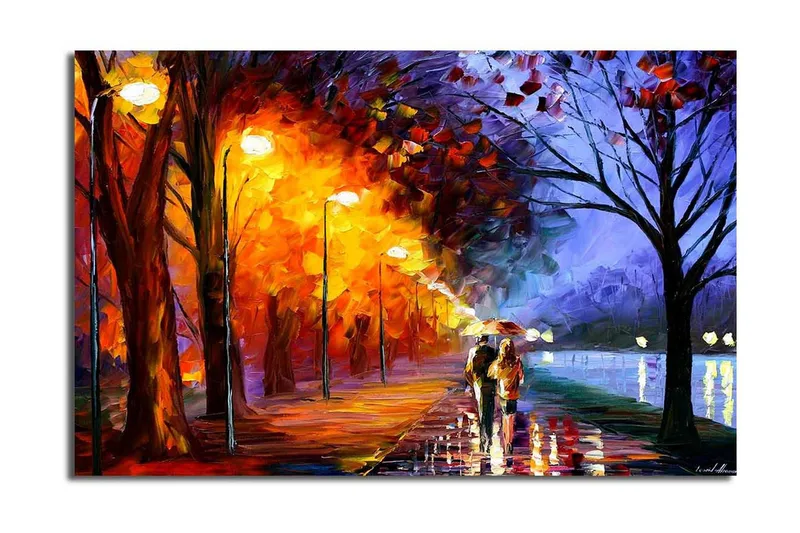 Canvastavla 70x45 cm - Romantisk promenad under regn med paraplyer i en färgglad höstmiljö, Orange / Blå / Gul