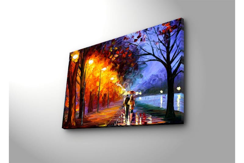 Canvastavla 70x45 cm - Romantisk promenad under regn med paraplyer i en färgglad höstmiljö - Orange / Blå / Gul - Inredning - Tavlor & posters - Canvastavla