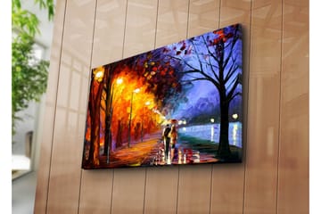 Canvastavla 70x45 cm - Romantisk promenad under regn med paraplyer i en färgglad höstmiljö - Orange / Blå / Gul - Inredning - Tavlor & posters - Canvastavla