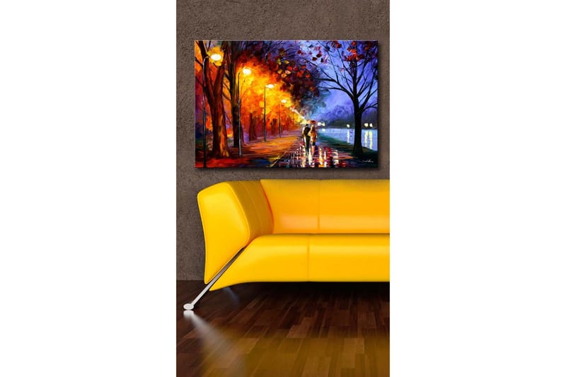 Canvastavla 70x45 cm - Romantisk promenad under regn med paraplyer i en färgglad höstmiljö - Orange / Blå / Gul - Inredning - Tavlor & posters - Canvastavla