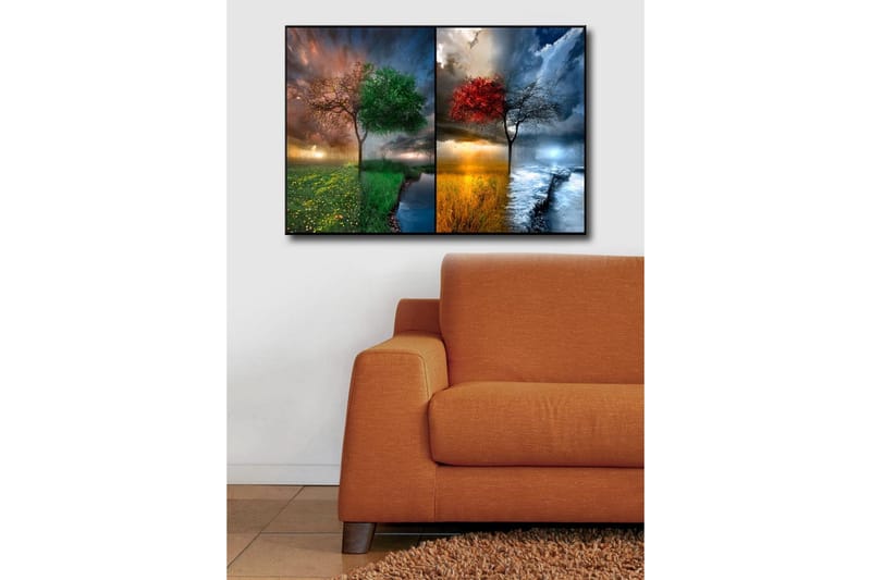 Canvastavla 70x45 cm - Två träd i kontrasterande säsonger, ett med gröna löv och ett med röda löv - Grön / Röd / Blå - Inredning - Tavlor & posters - Canvastavla