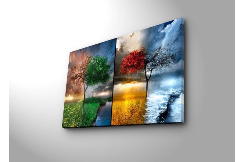 Canvastavla 70x45 cm - Två träd i kontrasterande säsonger, ett med gröna löv och ett med röda löv - Grön / Röd / Blå - Inredning - Tavlor & posters - Canvastavla
