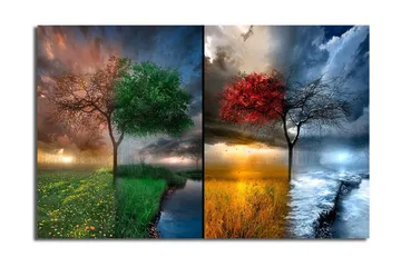 Canvastavla 70x45 cm - Två träd i kontrasterande säsonger, ett med gröna löv och ett med röda löv - Grön / Röd / Blå - Inredning - Tavlor & posters - Canvastavla