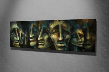 Canvastavla 80x30 cm - Abstrakt komposition av ansikten med uttrycksfulla drag - Mörkblå / Grön / Beige - Inredning - Tavlor & posters - Canvastavla