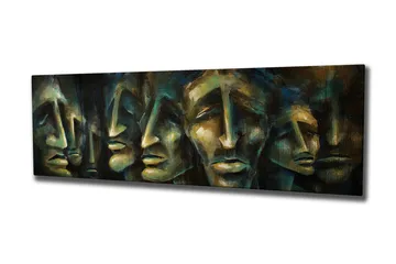 Canvastavla 80x30 cm - Abstrakt komposition av ansikten med uttrycksfulla drag - Mörkblå / Grön / Beige - Inredning - Tavlor & posters - Canvastavla