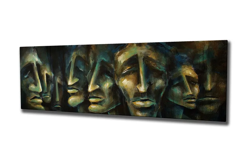 Canvastavla 80x30 cm - Abstrakt komposition av ansikten med uttrycksfulla drag - Mörkblå / Grön / Beige - Inredning - Tavlor & posters - Canvastavla