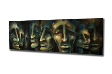 Canvastavla 80x30 cm - Abstrakt komposition av ansikten med uttrycksfulla drag - Mörkblå / Grön / Beige - Inredning - Tavlor & posters - Canvastavla