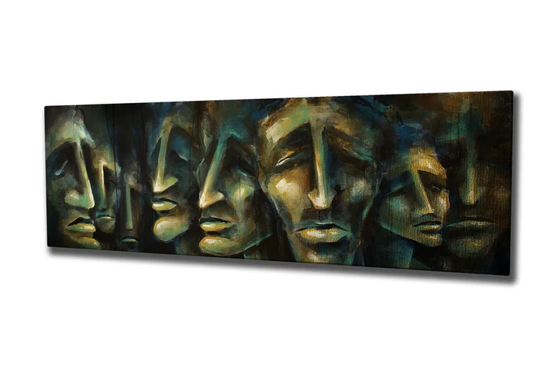 Canvastavla 80x30 cm - Abstrakt komposition av ansikten med uttrycksfulla drag - Mörkblå / Grön / Beige - Inredning - Tavlor & posters - Canvastavla