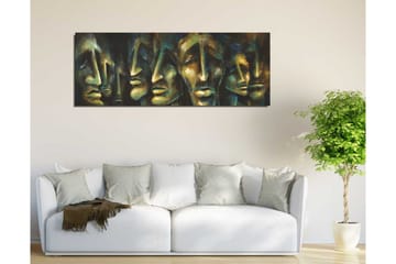 Canvastavla 80x30 cm - Abstrakt komposition av ansikten med uttrycksfulla drag - Mörkblå / Grön / Beige - Inredning - Tavlor & posters - Canvastavla