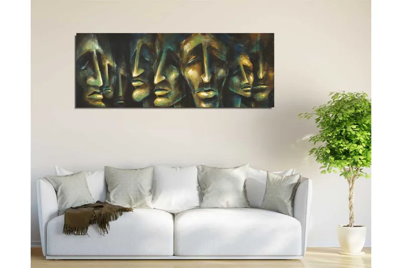 Canvastavla 80x30 cm - Abstrakt komposition av ansikten med uttrycksfulla drag - Mörkblå / Grön / Beige - Inredning - Tavlor & posters - Canvastavla