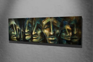 Canvastavla 80x30 cm - Abstrakt komposition av ansikten med uttrycksfulla drag - Mörkblå / Grön / Beige - Inredning - Tavlor & posters - Canvastavla