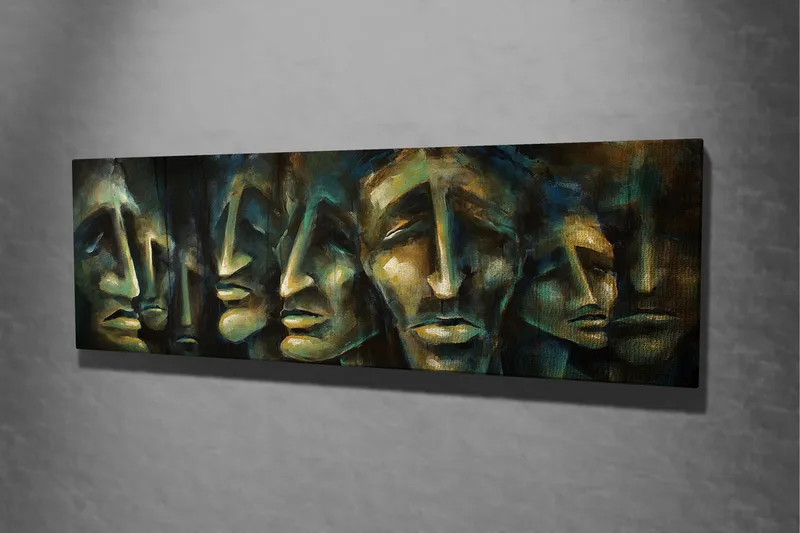 Canvastavla 80x30 cm - Abstrakt komposition av ansikten med uttrycksfulla drag - Mörkblå / Grön / Beige - Inredning - Tavlor & posters - Canvastavla