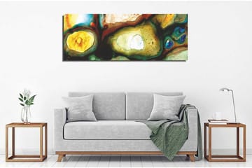 Canvastavla 80x30 cm - Abstrakt komposition med organiska former och färgade inslag - Grön / Gul / Blå - Inredning - Tavlor & posters - Canvastavla
