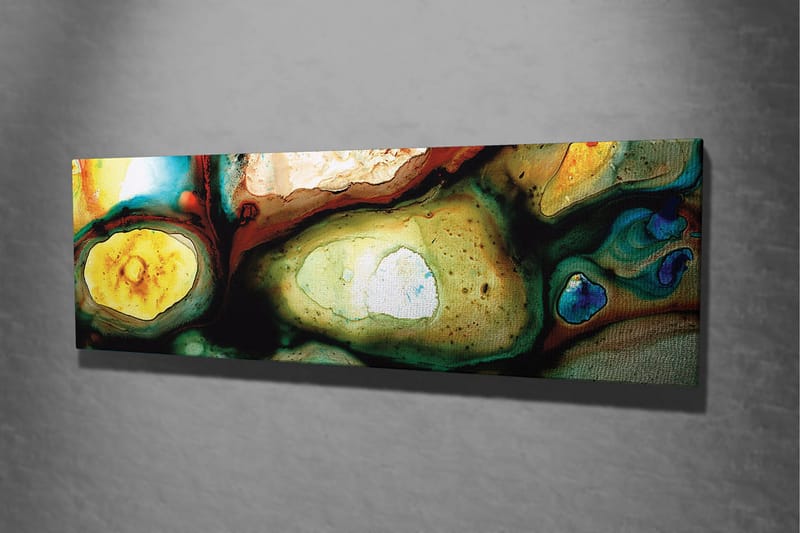 Canvastavla 80x30 cm - Abstrakt komposition med organiska former och färgade inslag - Grön / Gul / Blå - Inredning - Tavlor & posters - Canvastavla