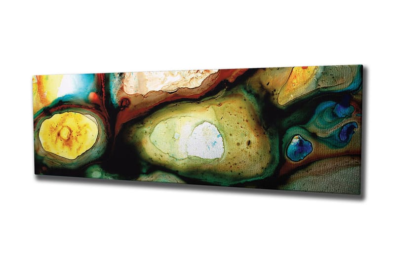 Canvastavla 80x30 cm - Abstrakt komposition med organiska former och färgade inslag - Grön / Gul / Blå - Inredning - Tavlor & posters - Canvastavla