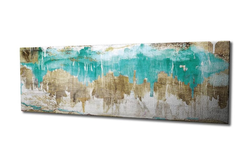 Canvastavla 80x30 cm - Abstrakt landskap med turkosa och gyllene inslag - Turkos / Guld / Beige - Inredning - Tavlor & posters - Canvastavla
