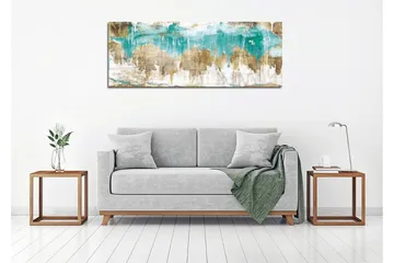 Canvastavla 80x30 cm - Abstrakt landskap med turkosa och gyllene inslag - Turkos / Guld / Beige - Inredning - Tavlor & posters - Canvastavla