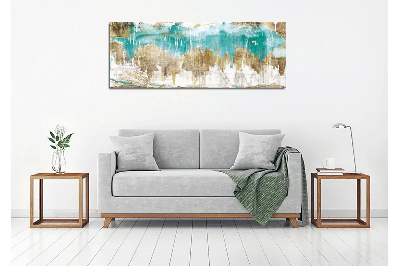 Canvastavla 80x30 cm - Abstrakt landskap med turkosa och gyllene inslag - Turkos / Guld / Beige - Inredning - Tavlor & posters - Canvastavla