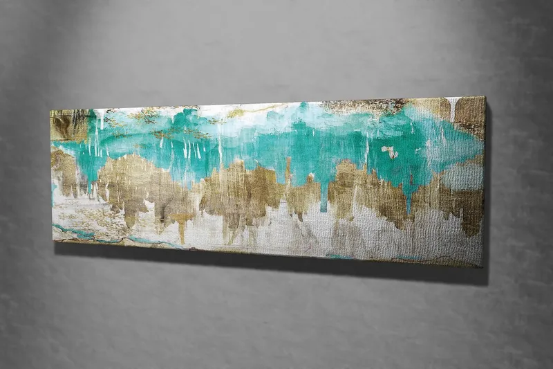 Canvastavla 80x30 cm - Abstrakt landskap med turkosa och gyllene inslag - Turkos / Guld / Beige - Inredning - Tavlor & posters - Canvastavla