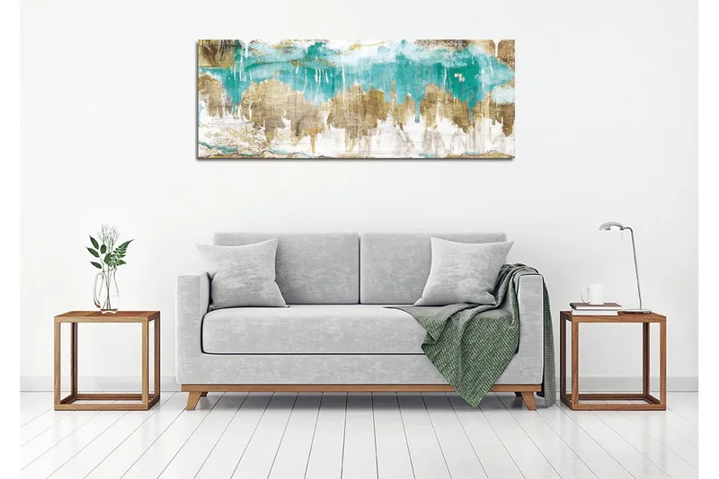 Canvastavla 80x30 cm - Abstrakt landskap med turkosa och gyllene inslag - Turkos / Guld / Beige - Inredning - Tavlor & posters - Canvastavla