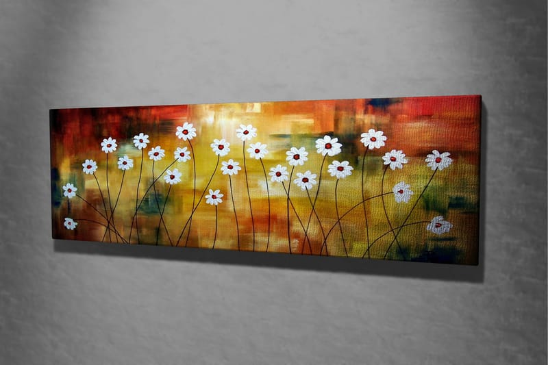 Canvastavla 80x30 cm - Blomsteräng med vita blommor och röda mittar på en färgglad bakgrund - Vit / Röd / Orange - Inredning - Tavlor & posters - Canvastavla