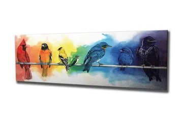 Canvastavla 80x30 cm - Färgglad samling av fåglar på en gren - Röd / Blå / Gul - Inredning - Tavlor & posters - Canvastavla