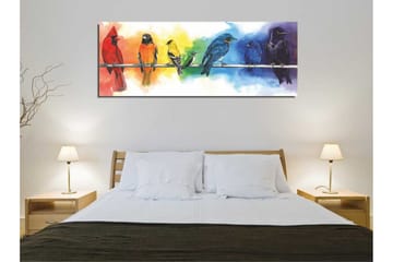 Canvastavla 80x30 cm - Färgglad samling av fåglar på en gren - Röd / Blå / Gul - Inredning - Tavlor & posters - Canvastavla