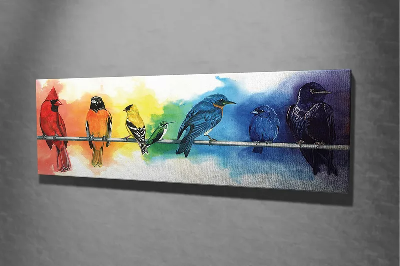 Canvastavla 80x30 cm - Färgglad samling av fåglar på en gren - Röd / Blå / Gul - Inredning - Tavlor & posters - Canvastavla