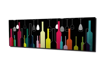 Canvastavla 80x30 cm - Färgglada flaskor och vinglas mot en svart bakgrund - Rosa / Gul / Turkos - Inredning - Tavlor & posters - Canvastavla