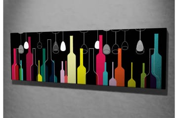 Canvastavla 80x30 cm - Färgglada flaskor och vinglas mot en svart bakgrund - Rosa / Gul / Turkos - Inredning - Tavlor & posters - Canvastavla