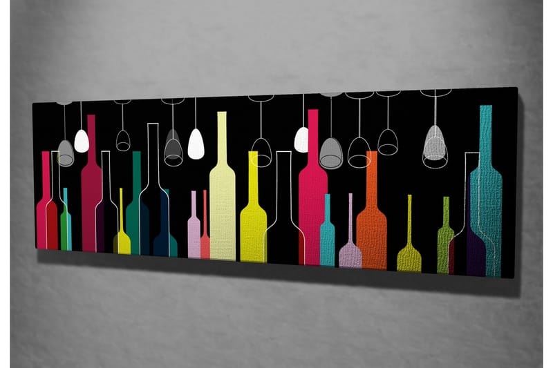 Canvastavla 80x30 cm - Färgglada flaskor och vinglas mot en svart bakgrund - Rosa / Gul / Turkos - Inredning - Tavlor & posters - Canvastavla