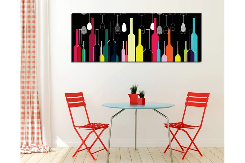Canvastavla 80x30 cm - Färgglada flaskor och vinglas mot en svart bakgrund - Rosa / Gul / Turkos - Inredning - Tavlor & posters - Canvastavla