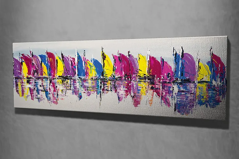 Canvastavla 80x30 cm - Färgglada segelbåtar i en rad på vattnet - Rosa / Gul / Blå - Inredning - Tavlor & posters - Canvastavla