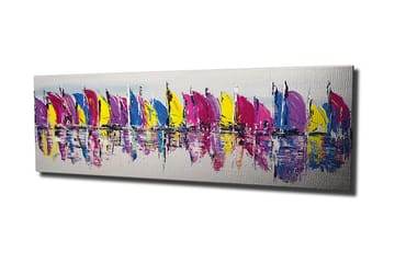 Canvastavla 80x30 cm - Färgglada segelbåtar i en rad på vattnet - Rosa / Gul / Blå - Inredning - Tavlor & posters - Canvastavla