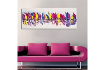 Canvastavla 80x30 cm - Färgglada segelbåtar i en rad på vattnet - Rosa / Gul / Blå - Inredning - Tavlor & posters - Canvastavla