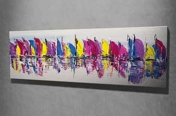 Canvastavla 80x30 cm - Färgglada segelbåtar i en rad på vattnet - Rosa / Gul / Blå - Inredning - Tavlor & posters - Canvastavla