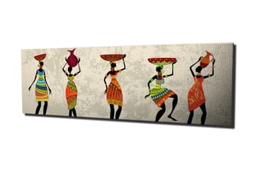 Canvastavla 80x30 cm - Fem kvinnor i färgglada klänningar som bär olika föremål på huvudet - Röd / Grön / Orange - Inredning - Tavlor & posters - Canvastavla