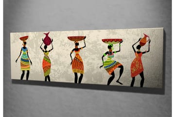 Canvastavla 80x30 cm - Fem kvinnor i färgglada klänningar som bär olika föremål på huvudet - Röd / Grön / Orange - Inredning - Tavlor & posters - Canvastavla