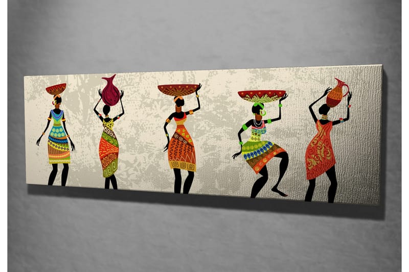 Canvastavla 80x30 cm - Fem kvinnor i färgglada klänningar som bär olika föremål på huvudet - Röd / Grön / Orange - Inredning - Tavlor & posters - Canvastavla