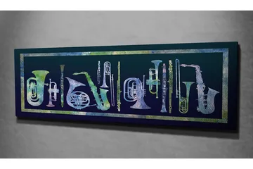 Canvastavla 80x30 cm - Komposition av olika blåsinstrument i abstrakt stil - Mörkblå / Ljusgrön / Vit - Inredning - Tavlor & posters - Canvastavla